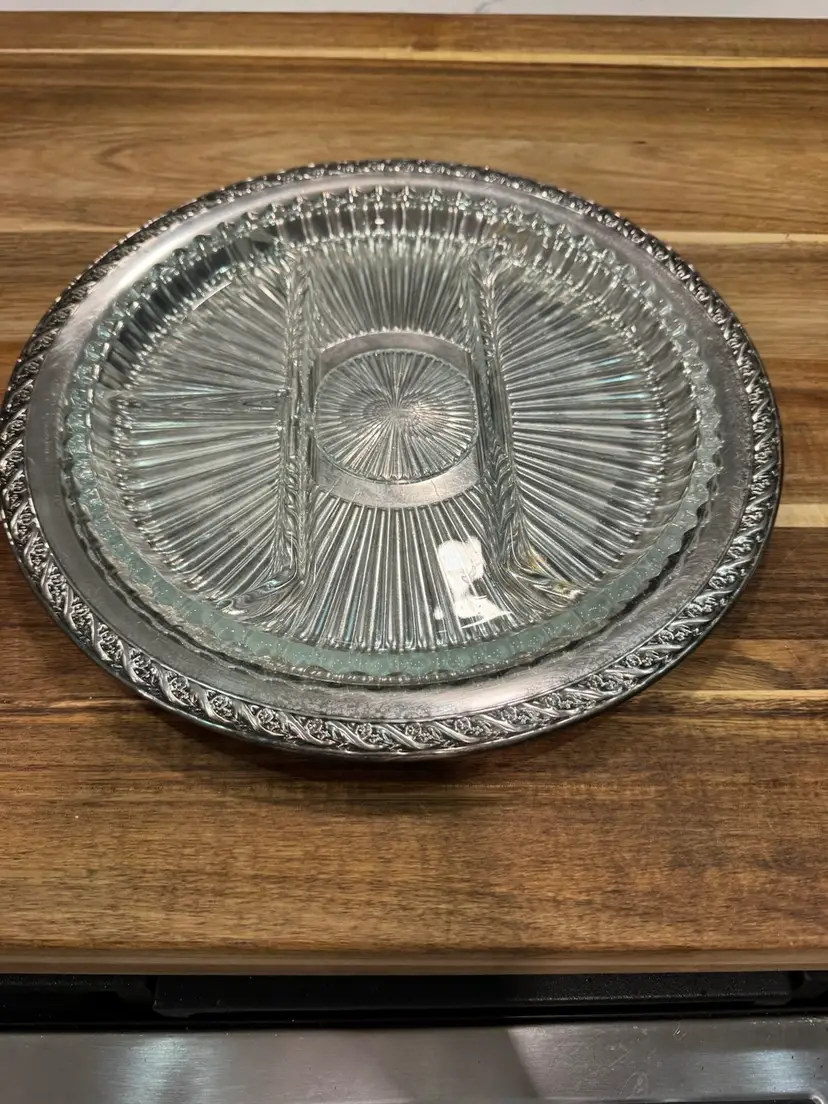 Silver Plate Serving Tray With 4 Section Glass Insert