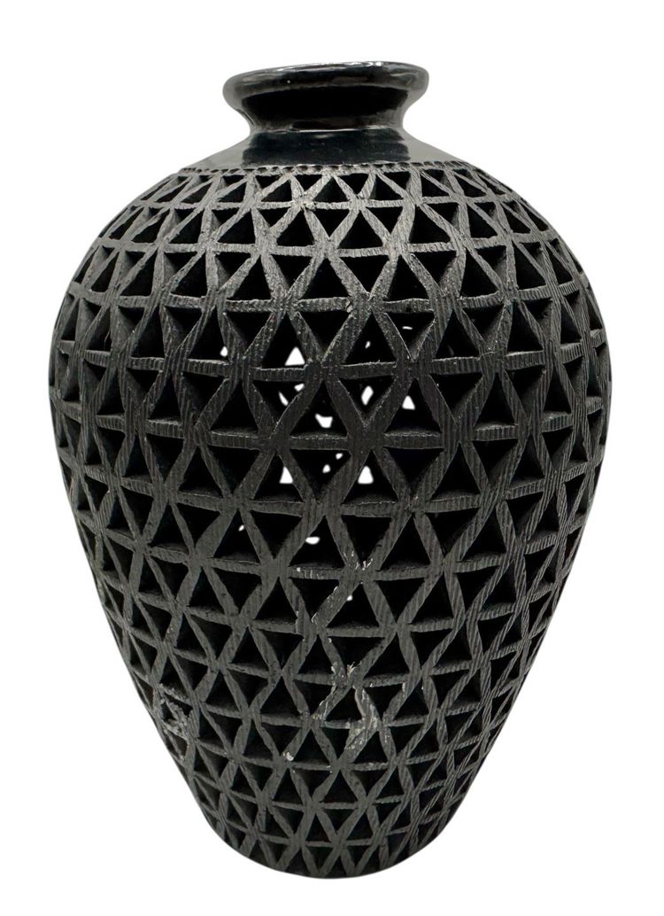Handmade Oaxaca Black Clay Barro Negro Art Pottery Vase Pierced Cutout Mexico 6”