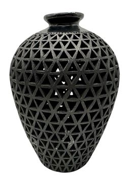 Handmade Oaxaca Black Clay Barro Negro Art Pottery Vase Pierced Cutout Mexico 6”