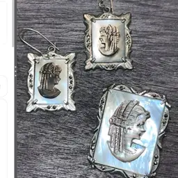 Vtg Camexco 800 Carved Shell Cameo Brooch Pendant Matching Earrings Abalone Set