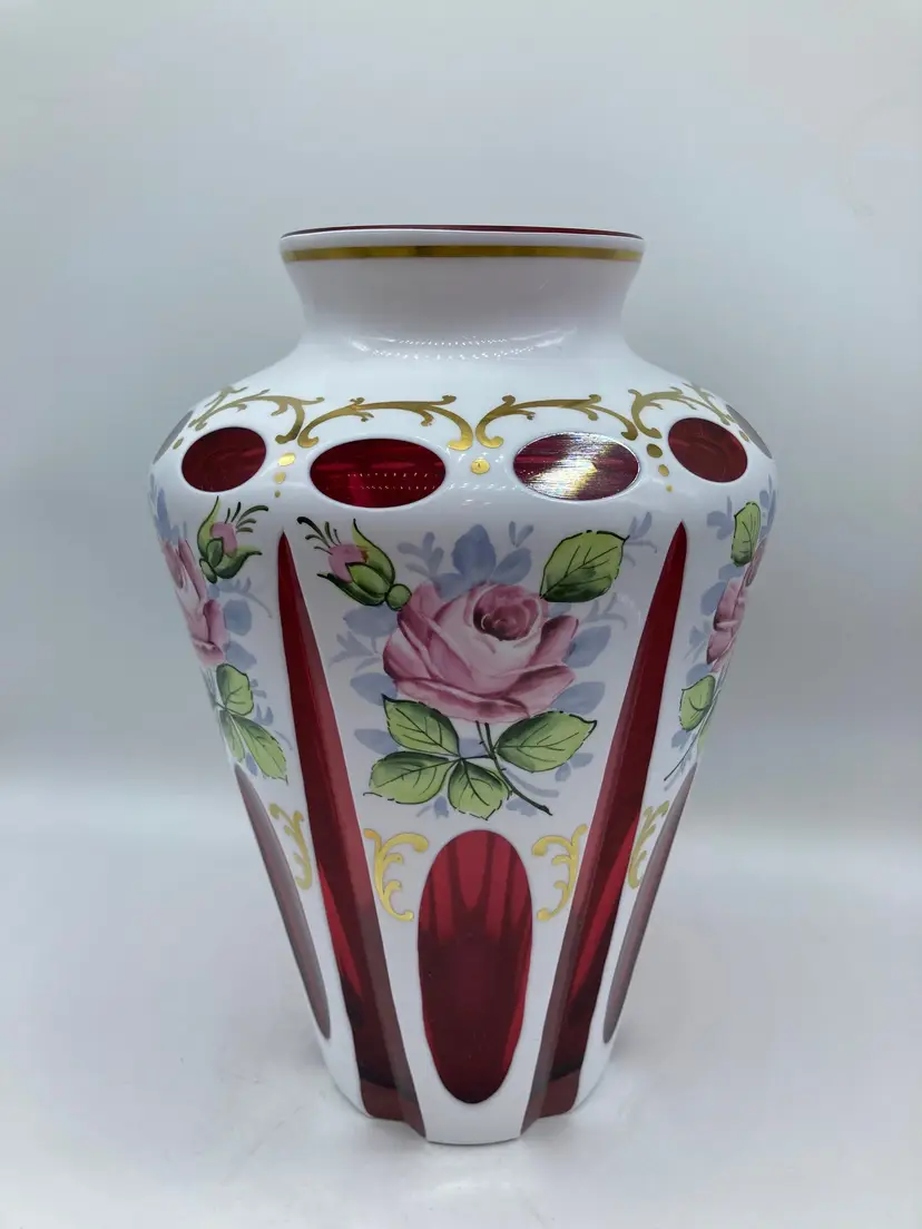 Vintage Bohemia Glass White Opaline To Cranberry Gilt Painted Red RoseVase