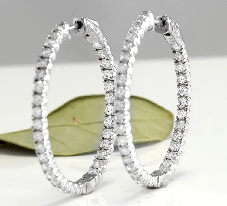  3.00Ct  Natural Diamond 14K Solid White Gold Hoop Earrings