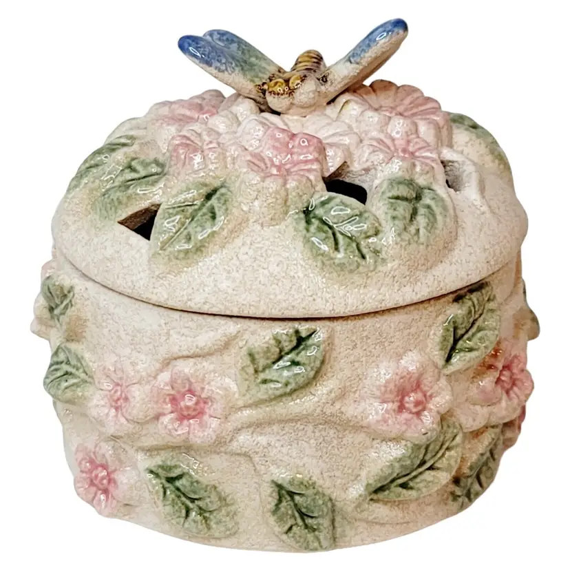 Vintage Potpourri Trinket Box Lidded Jewelry Box With Dragon Fly Floral
