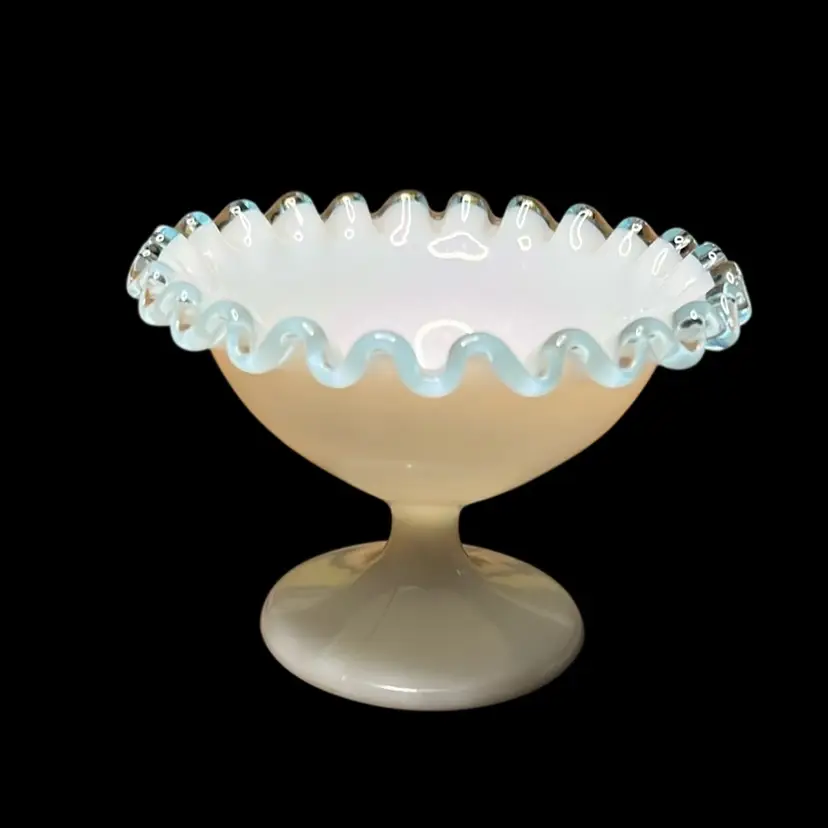 03. 1940s FENTON Aqua Crest Milk Glass Ruffled PEDESTAL BOWL COMPOTE 3”Nut Dish MCM