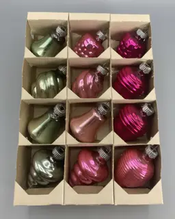 12 Vintage 2.5" Shiny Brite Glass Pink and Mint Green Ornaments - Pinecone Ribbed Bell Shapes