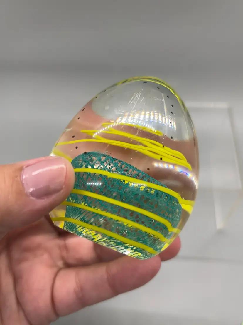 24084 Paperweight - Egg With Teal Bottom And Yellow Swirl ▶️ See Desc