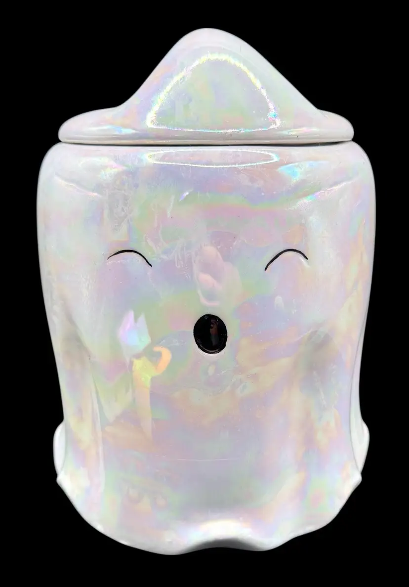 10 Strawberry Street Ceramic Ghost Halloween Cookie Jar Canister Iridescent 8”