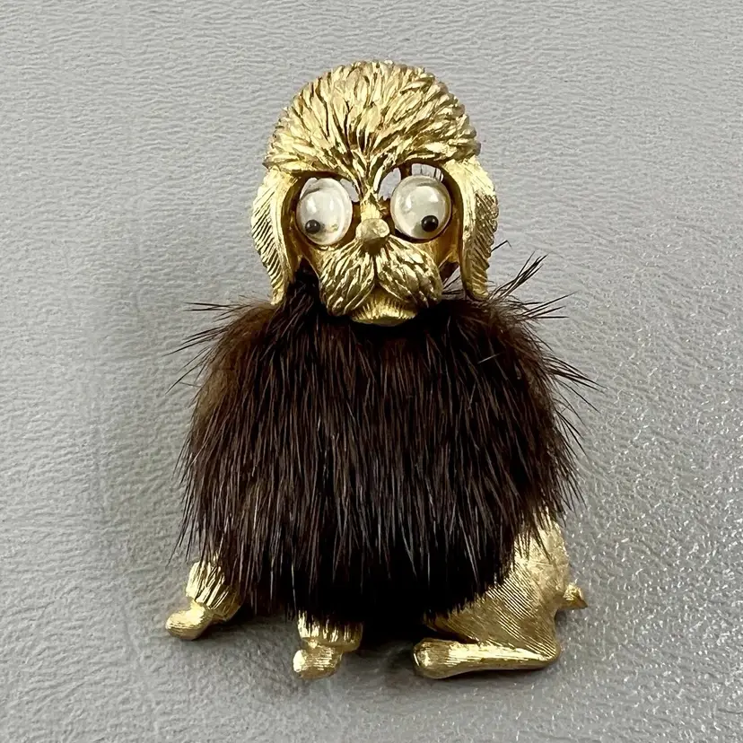 Vintage JJ Jonette Gold Tone Googly Eye Fur Poodle Dog Brooch 2"