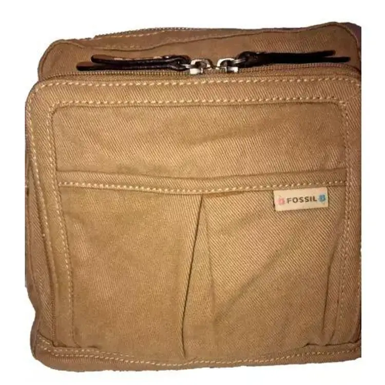 VTG Fossil Canvas Khaki Multi Pockets Crossbody Floral Print 3 Compartments Bag