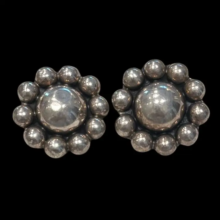 Vintage Sterling Silver Taxco Mexico Signed Domed Flower Sun Clip Earrings, 1.25”,  27.7g