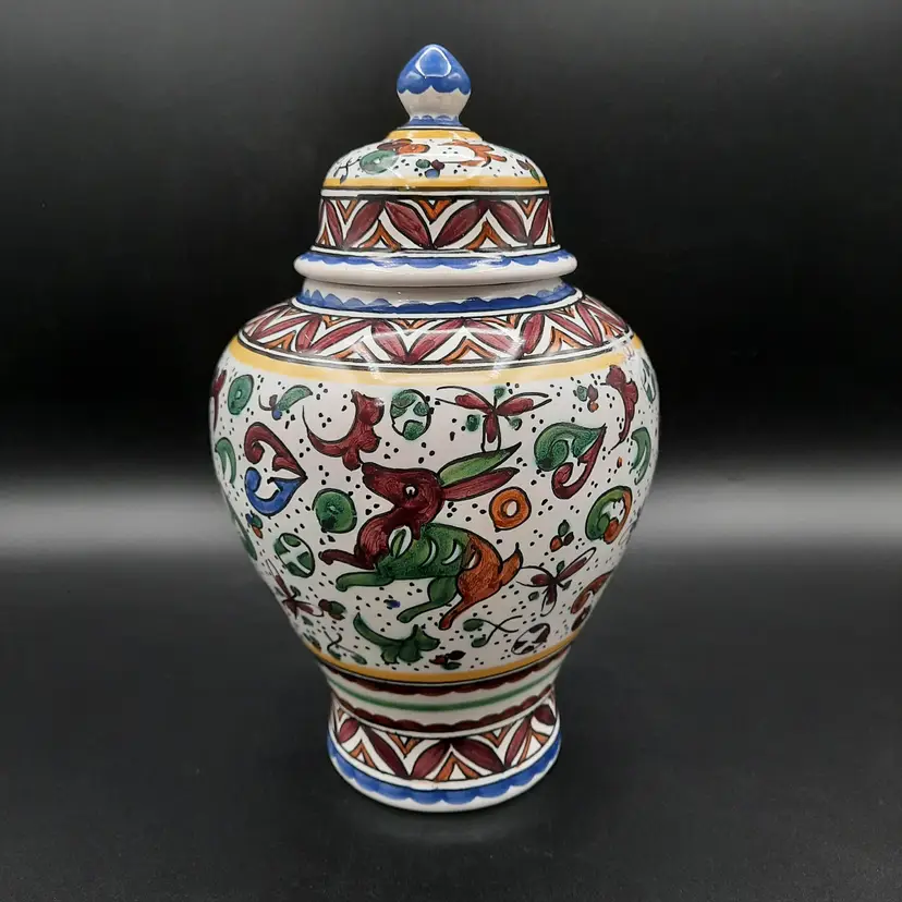 Portugal Handpainted Filcer Urn Ginger Jar Birds & Deer/Dog?