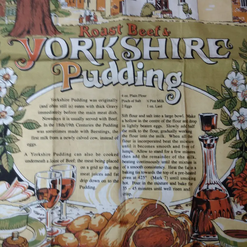 POW4 VTG Linen Tea Towel Roast Beef & Yorkshire Pudding Recipe Causeway UK 30 x 18"