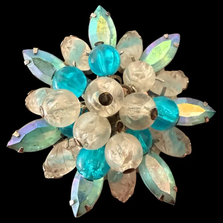 Juliana Molded Glass Blue Aurora Borealis Brooch and Clip On Earrings Set 2”