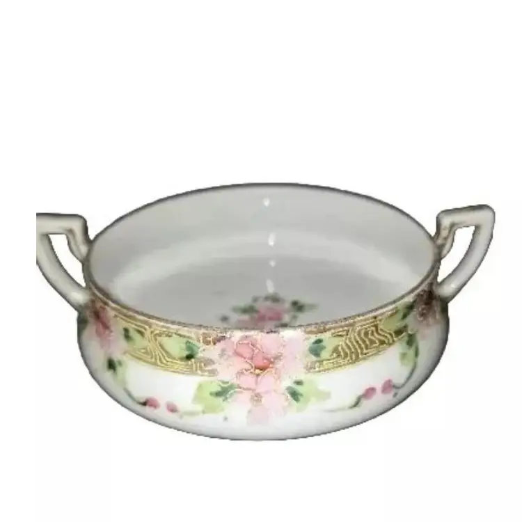 Vtg Hand Painted Moriage Nippon 2 Handled Gold Trim Floral Footed Dish.