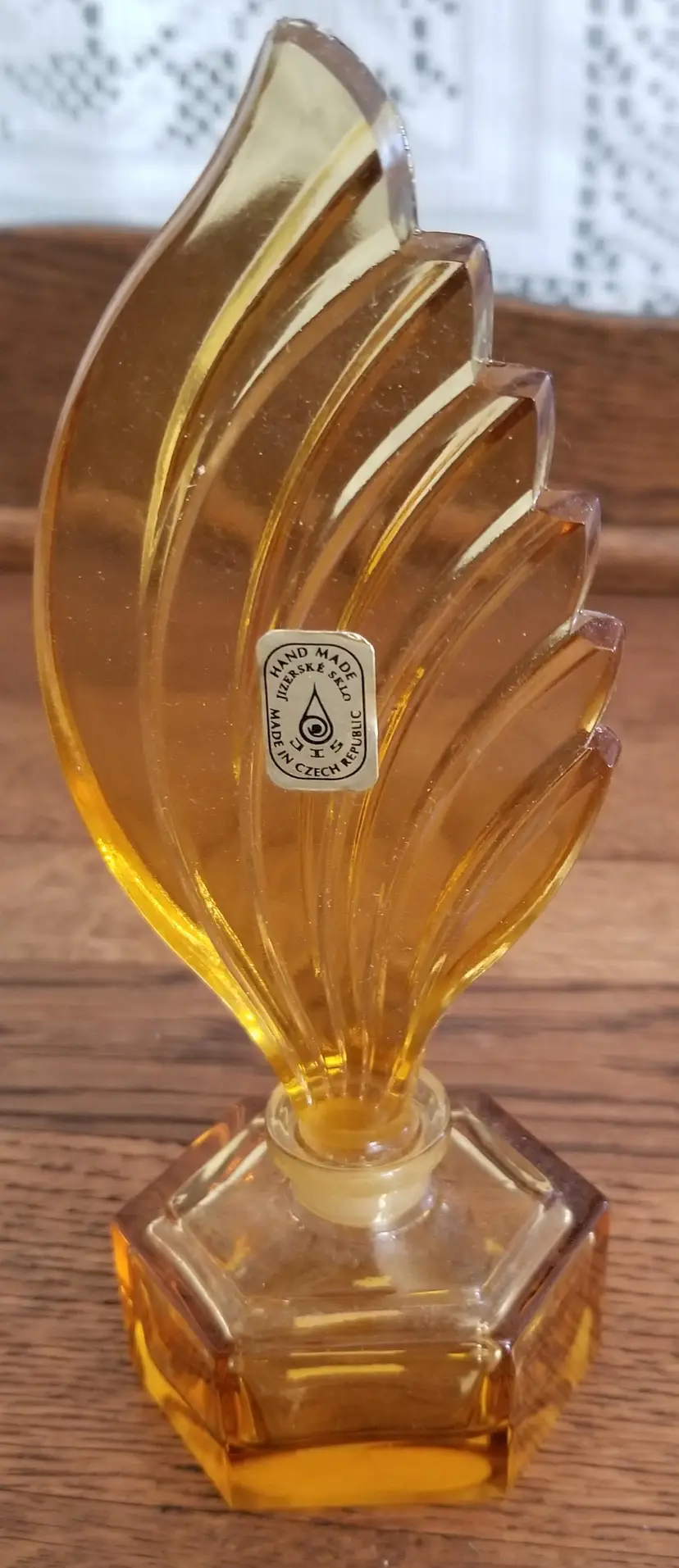 #36 Vintage Jizerske Sklo Czech Republic Amber Glass Fan Perfume Bottle