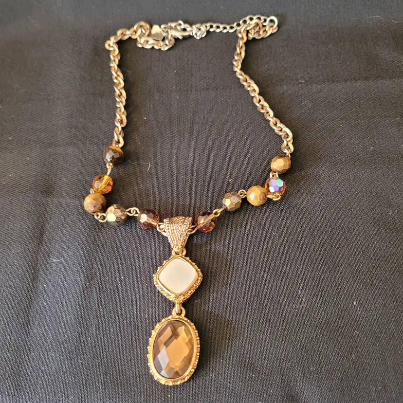 Signed Cookie Lee Bronze Beaded Abalone Pendant Gold Tone Necklace