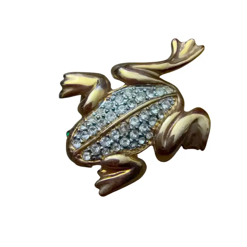 Vintage Gold Tone Green Eyes Pavé Frog Brooch