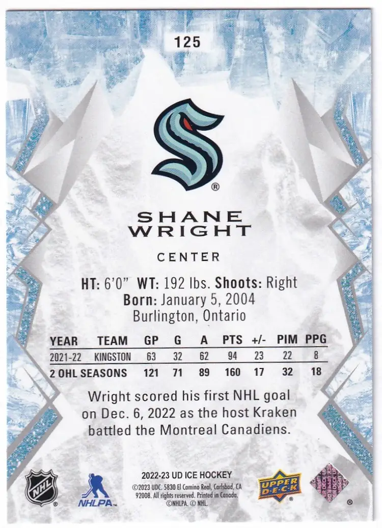 2022-23 Upper Deck Ice #125 Shane Wright RC Seattle Kraken Hockey Card