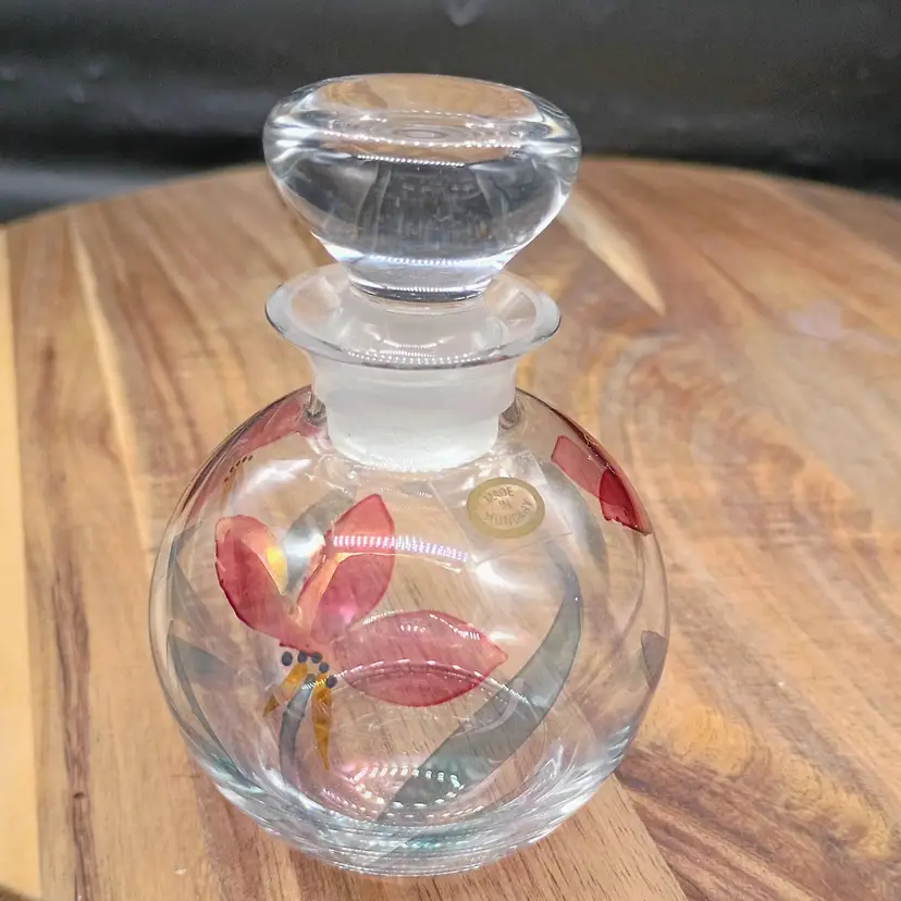 Parad Glass Perfume Bottle with Stopper, Hand Painted, Made in Hungary.