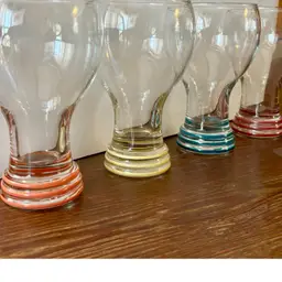 (4) Vintage “90’s Fiesta Ware Homer Laughlin China Co. Glass Goblets Multi-Color Striped Base 16oz.