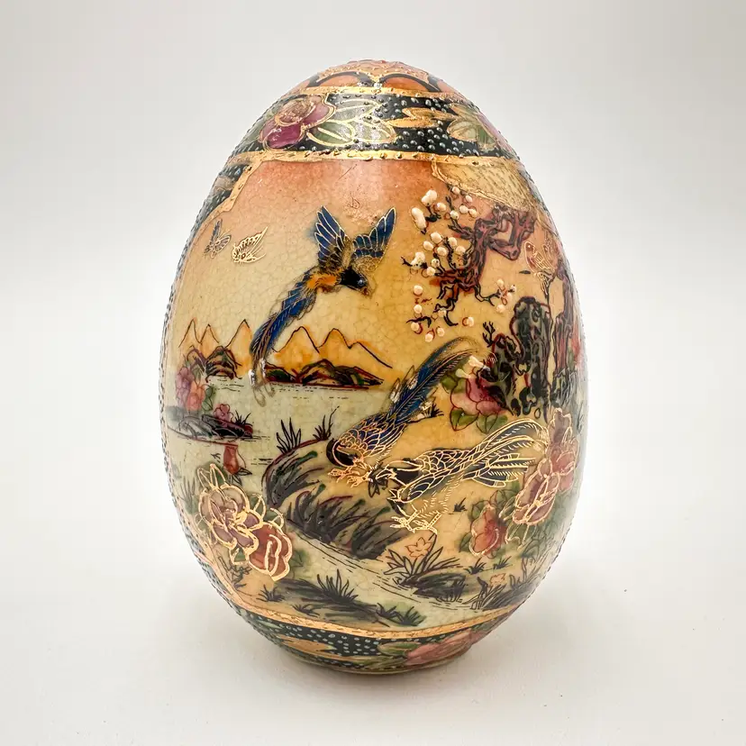 Egg Signed Satsuma Moriage Ceramic Hand Painted Gold Accent Japan 4"H 2.75"W B25