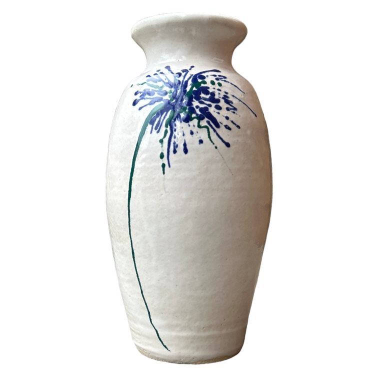 Hand Painted Purple Green and White Salt Glazed Stoneware Signed Floral Vase