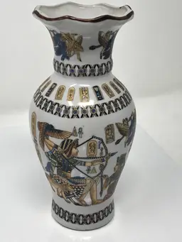 Egyptian Revival Porcelain Vase with Archers Birds and Scarabs
