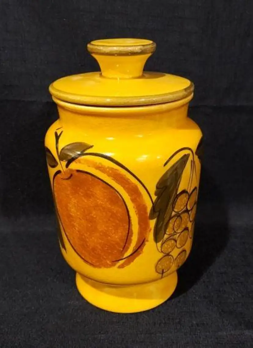 Vintage Los Angeles Potteries Canister Cookie Jar With Lid Gold Yellow Fruit