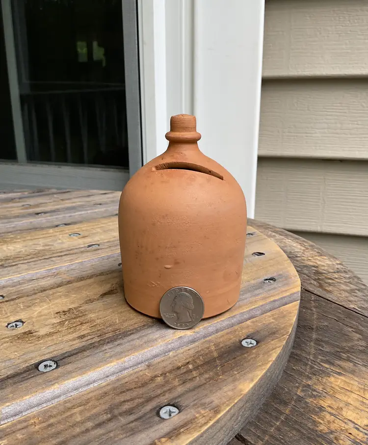 Small Primitive Old Penny Coin Still Bank Unglazed Redware/Stoneware Collector