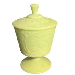 Fenton Uranium Glass ,lime green satin glass Wild Strawberries footed candy dish with lid.- 9” Tall - 6 “ Diameter