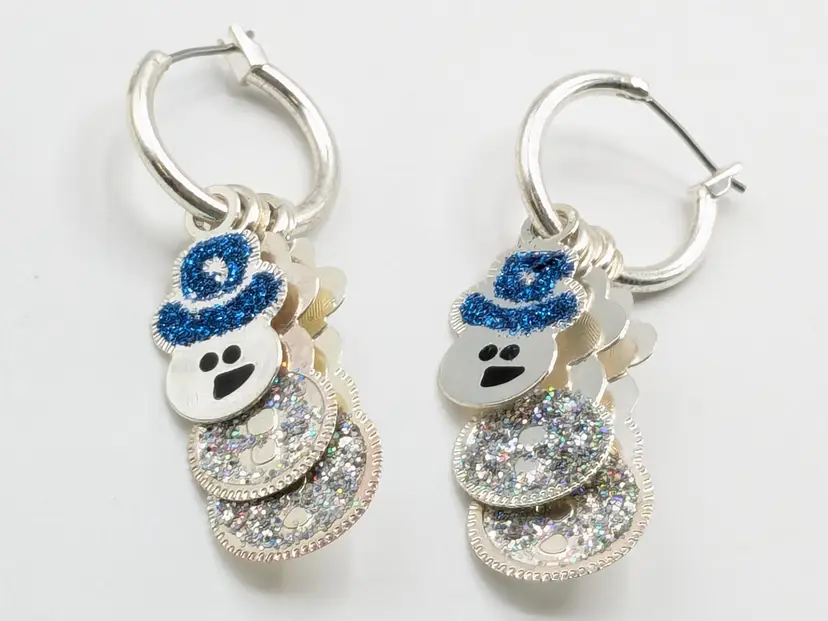 Snowman Sparkle Pierced Dangle Earrings Silver Tone Blue