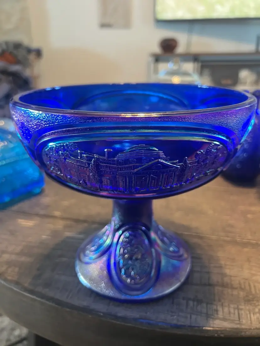 Vintage Fenton Blue Carnival Glass Bicentennial Candy Dish, Note: Originally Had A Cover But That Is Missing