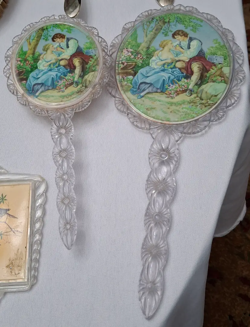 137 Vintage Lucite Vanity Set – Romantic Courting Scene Mirror & Brush – 1950s Dresser Set