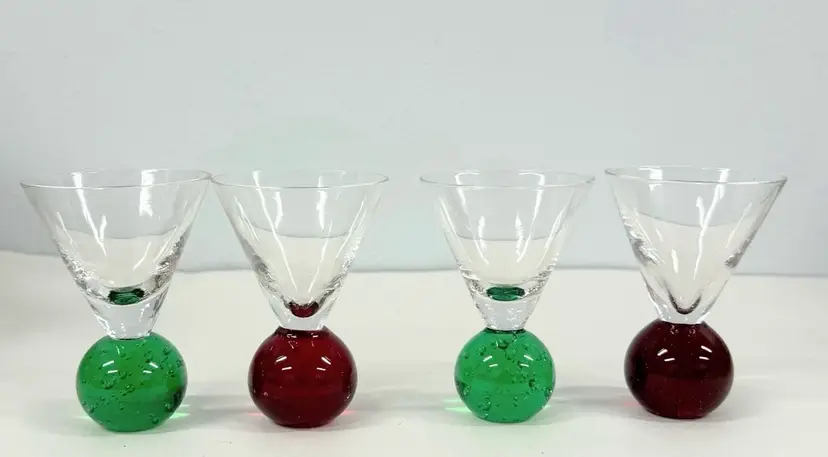 4 Vintage Glasses Italian Retro Blown Bubble Bar Cordial Shot Glass Red & Green