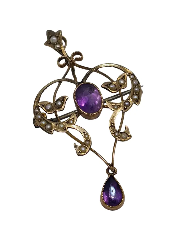 Antique Victorian 9K Gold Lavalier Amethyst Pearl Pendant/Brooch