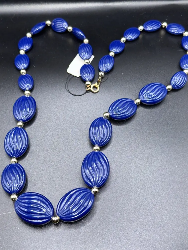 Bold 1980s Cobalt Blue Ribbed Bead Necklace