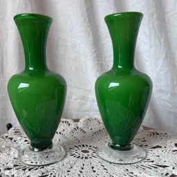 2 Hand Blown Green Apple Cased Glass Bud Vases
