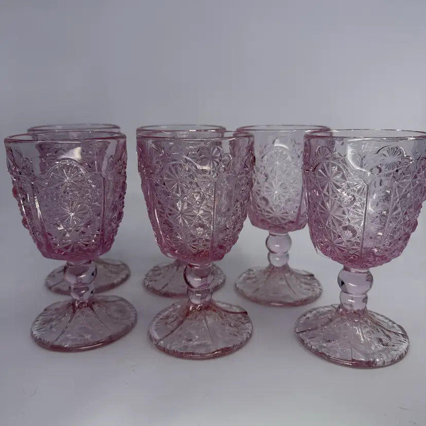LG Wright Pink Glass Daisy And Button 6” Wine Goblets Set/6