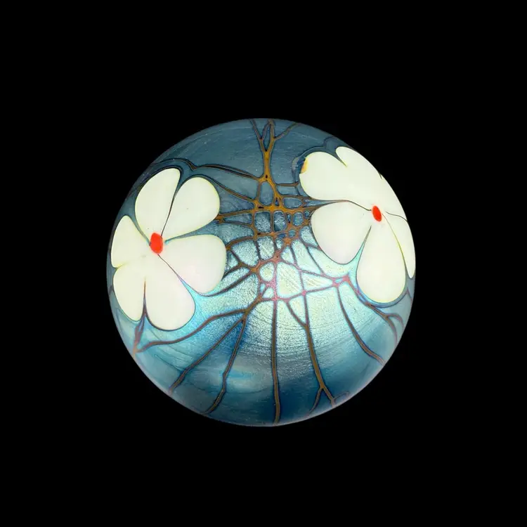 Steve Smeyers Art Glass Flower Paperweight Iridescent Blue 1976 Signed Numbered