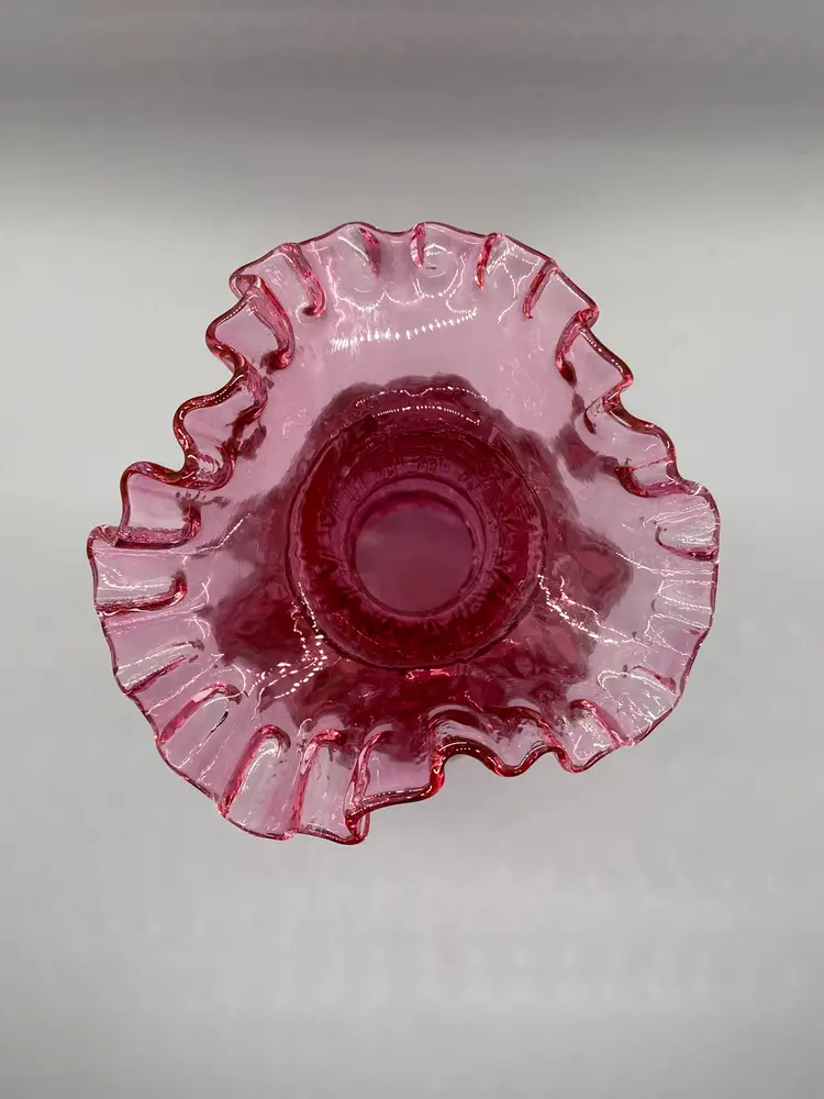 Fenton Cranberry Glass Optic Melon Diamond Ruffled Edge Vase 8.25" tall