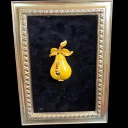 Difficult to Find Brooch: Yellow enamel Pear w/ Worm Coming Out! Gold Tone Figural