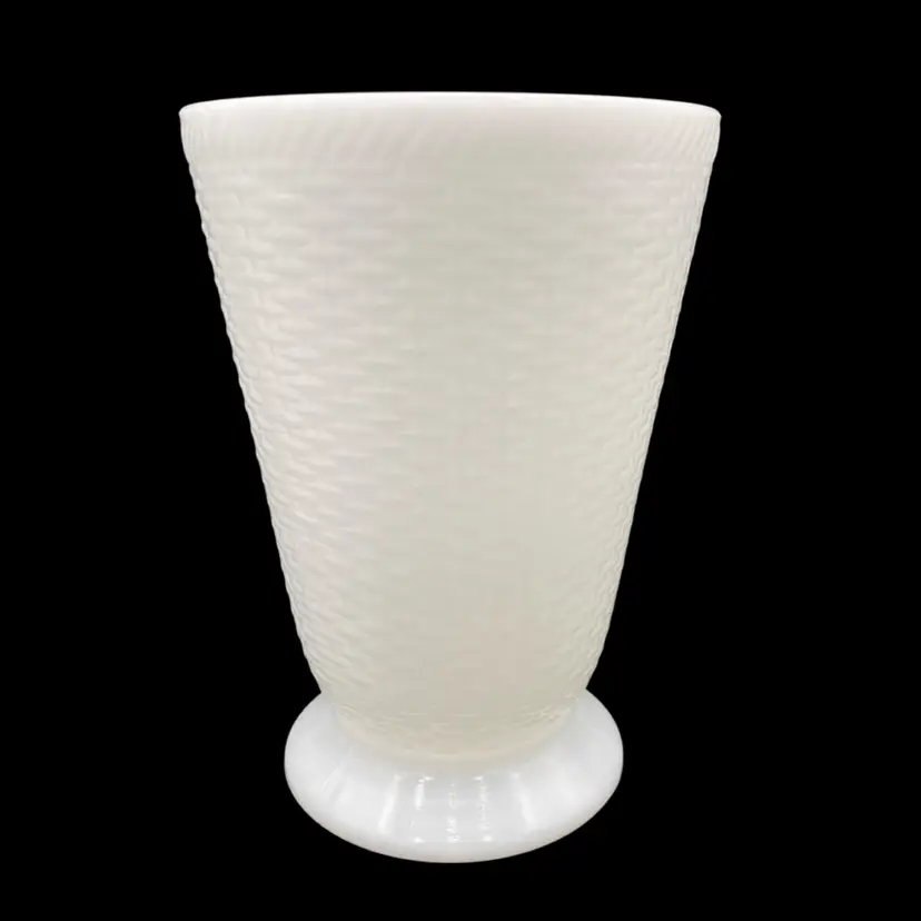 Vintage Large, Embossed Basket Weave Glass Vase, White Milk Glass, #14, 8.5"