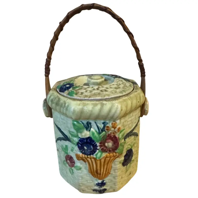 vintage Japanese Majolica biscuit or cookie jar with a lid and wicker handle