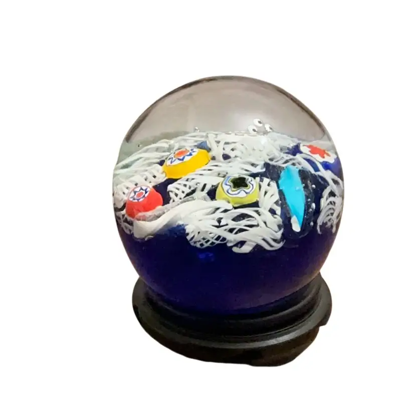 Gentile Glass Star City WV Scrambled Latticinio And Millefiori Cane Paperweight 2 3/4”