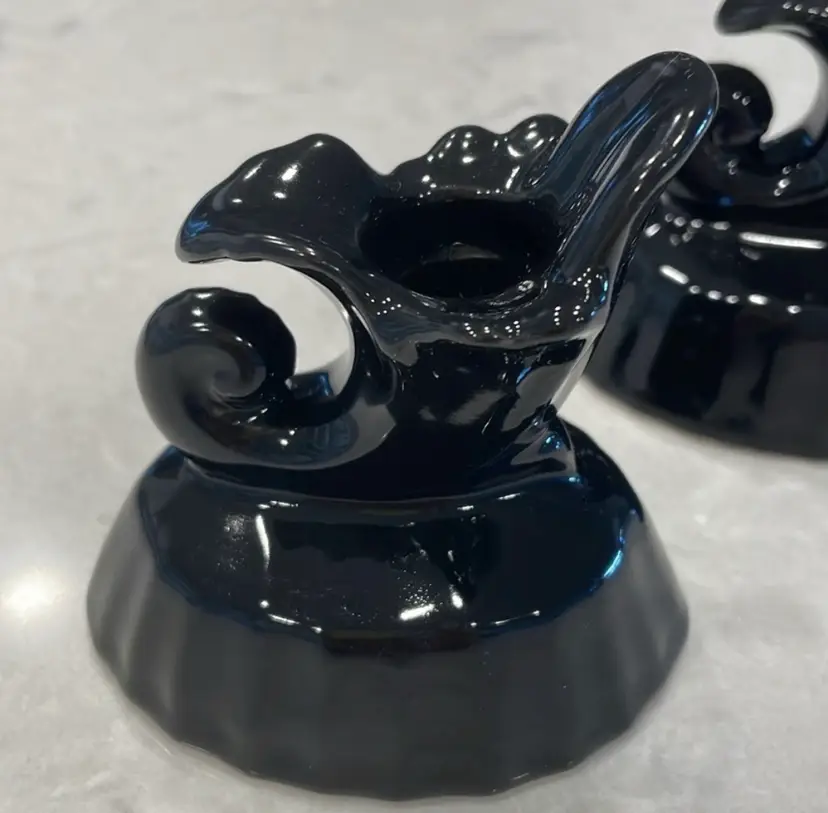 Black, glazed, ceramic, cornucopia, 2 small candlestick holders