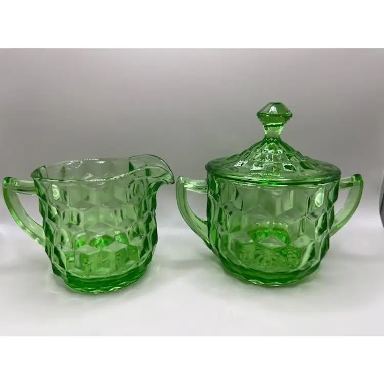 #02 - Vintage Jeanette Cube "Cubist" Green Uranium Glass Creamer & Sugar Set ~ Sugar 5 inches tall w/ lid, Creamer 3.5 inches tall