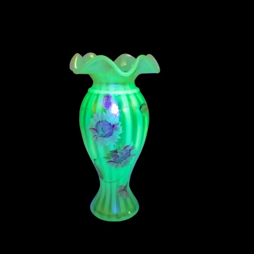 Fenton Topaz Vaseline Opalescent “Autumn Beauty” Vase - Signed & Numbered - GLOWS - Sean K Fenton 2004 Honor Collection
