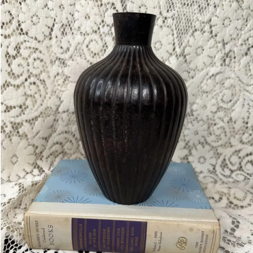 Vintage Brass Bronze Enameled Metal Ribbed India Vase 8" X 4.25"