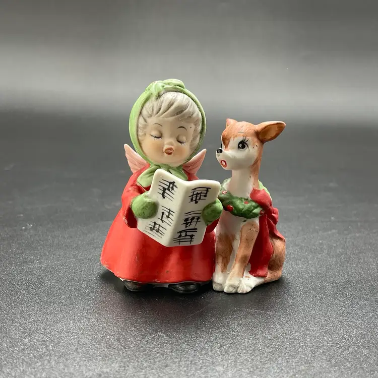 Caroling Angel Girl Reindeer Christmas Holiday Kitsch Kitschy Figurine