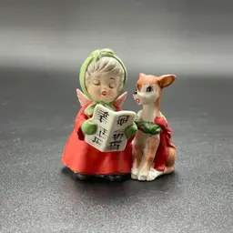 Caroling Angel Girl Reindeer Christmas Holiday Kitsch Kitschy Figurine